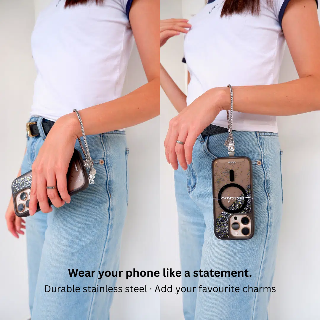 GALADO Stylink stainless steel phone chain worn on the wrist with a clip-on charm