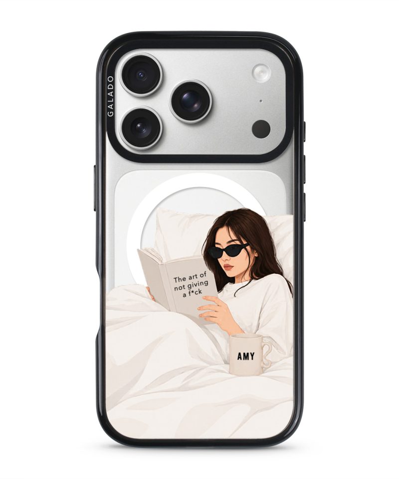 Booked & Unbothered phone case — Silver iPhone 17 Pro with black GALADO case | The Independent Collection