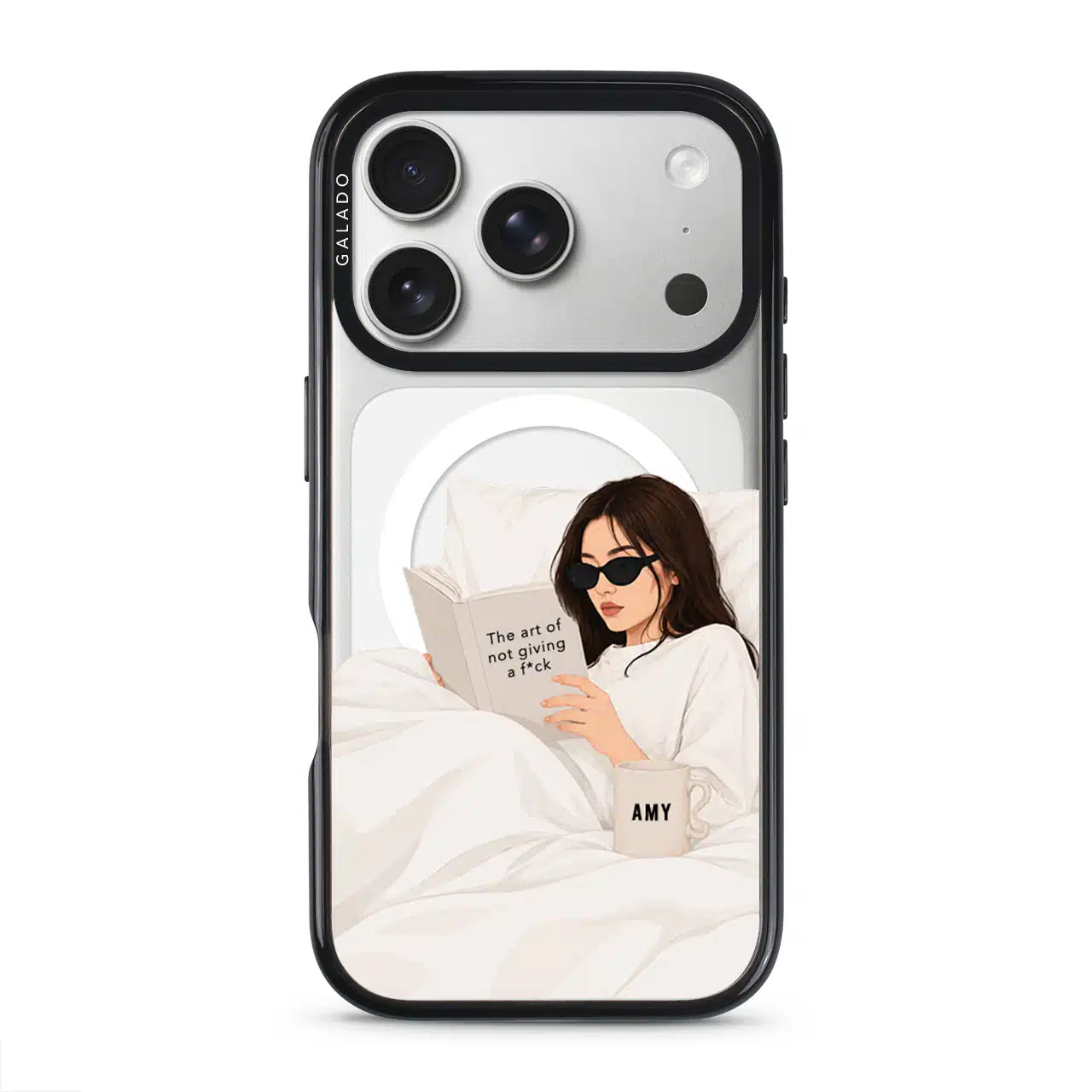 Booked & Unbothered phone case — Silver iPhone 17 Pro with black GALADO case | The Independent Collection