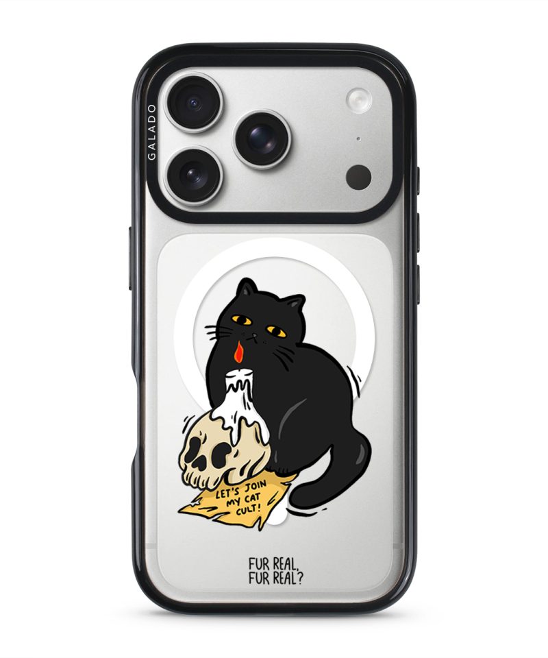 Cat Cult phone case — Silver iPhone 17 with black GALADO case | Fur Real, Fur Real? collab