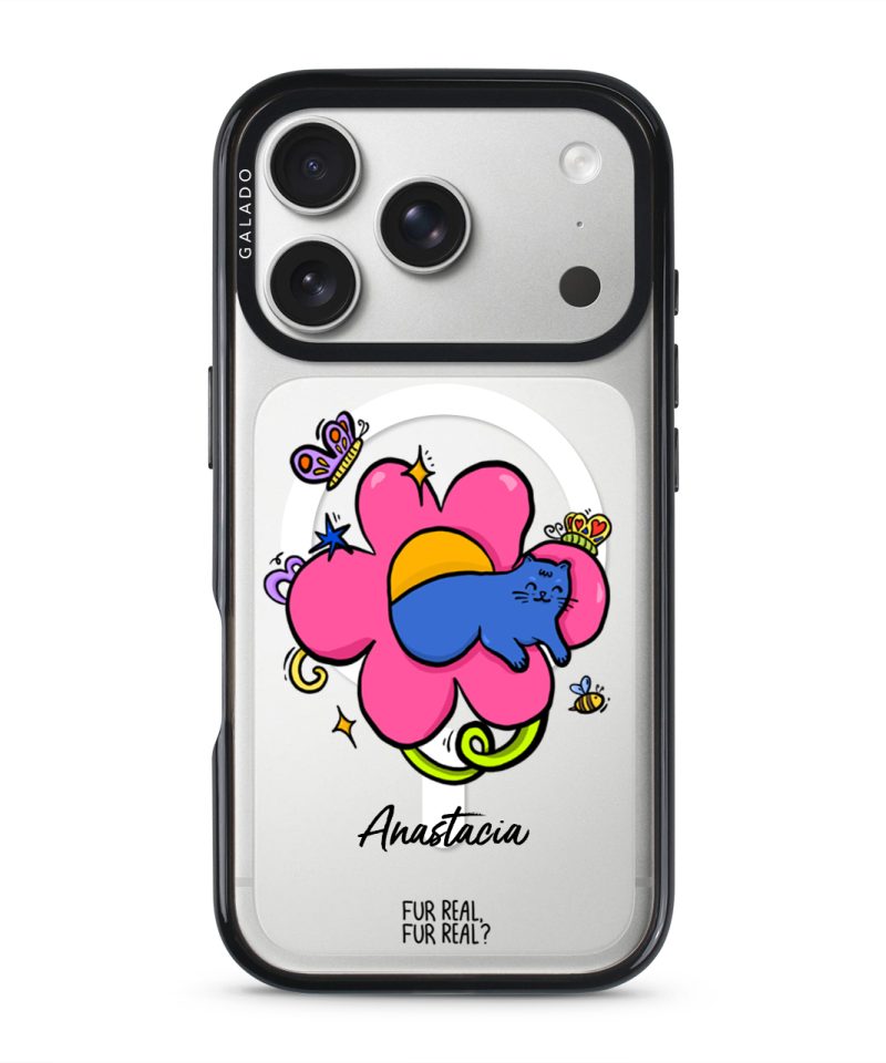 Flower Cat phone case — Silver iPhone 17 with black GALADO case | Fur Real, Fur Real? collab