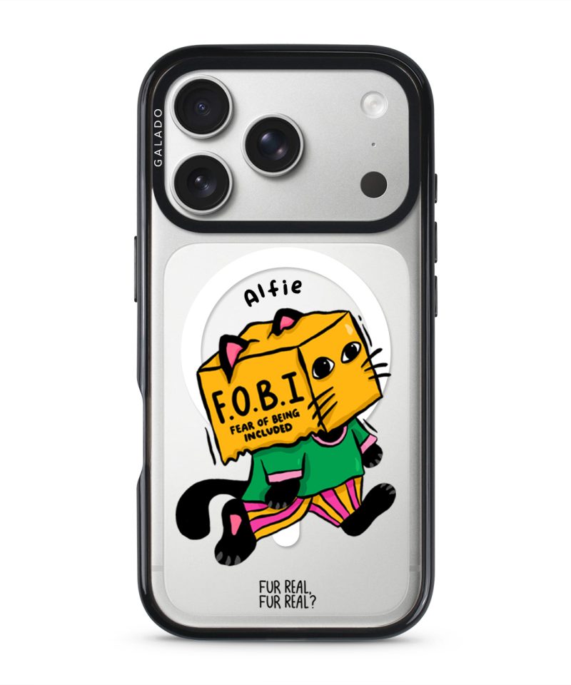 FOBI Cat phone case — Silver iPhone 17 with black GALADO case | Fur Real, Fur Real? collab
