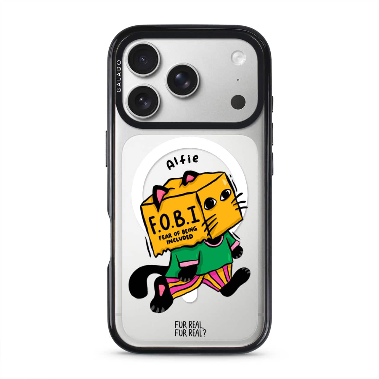 FOBI Cat phone case — Silver iPhone 17 with black GALADO case | Fur Real, Fur Real? collab