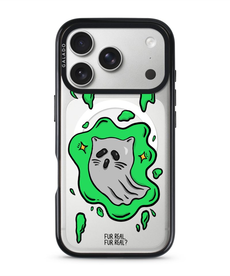 Ghost Cat phone case — Silver iPhone 17 with black GALADO case | Fur Real, Fur Real? collab