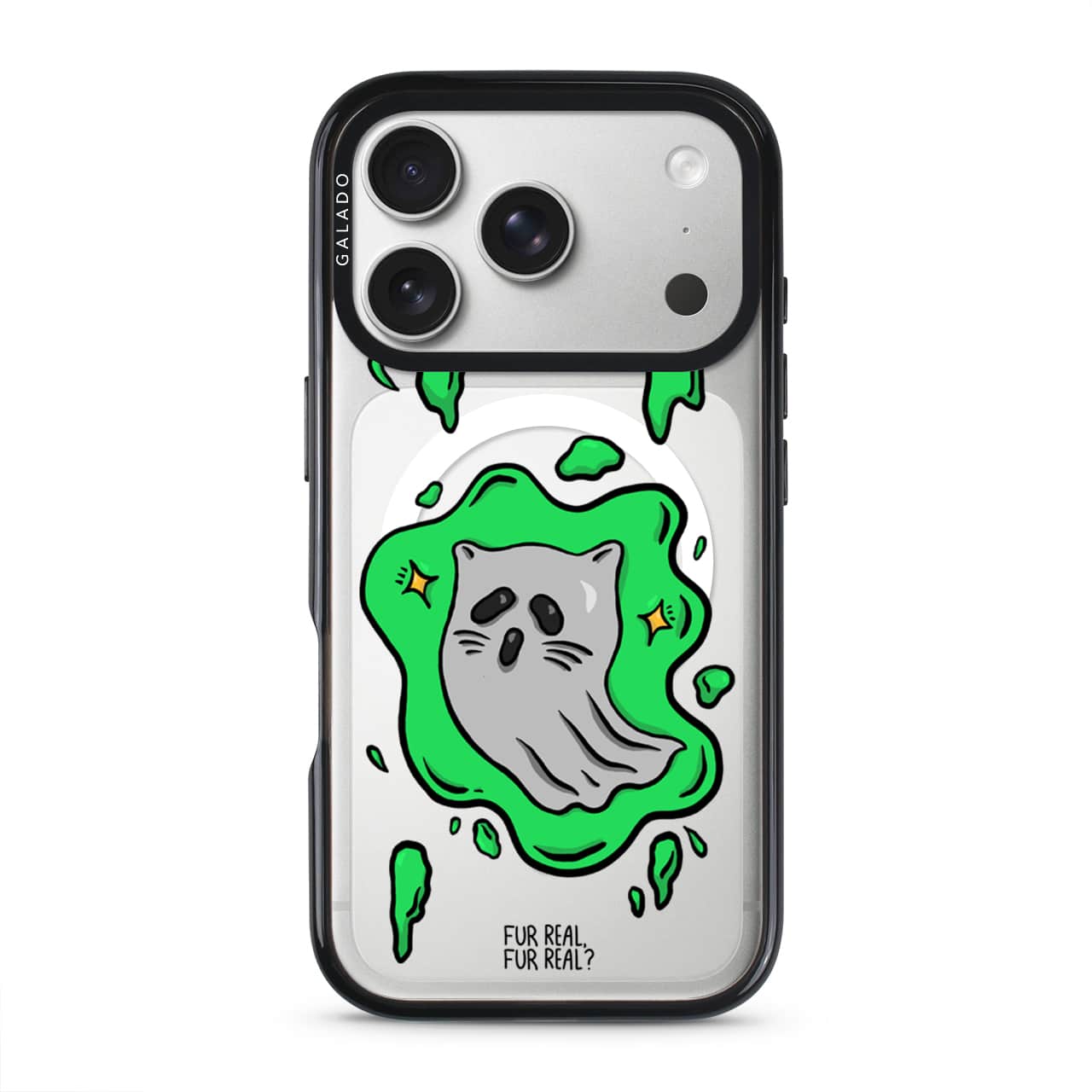 Ghost Cat phone case — Silver iPhone 17 with black GALADO case | Fur Real, Fur Real? collab