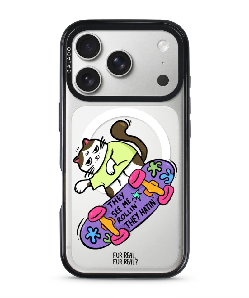 Skater Cat phone case — Silver iPhone 17 with black GALADO case | Fur Real, Fur Real? collab