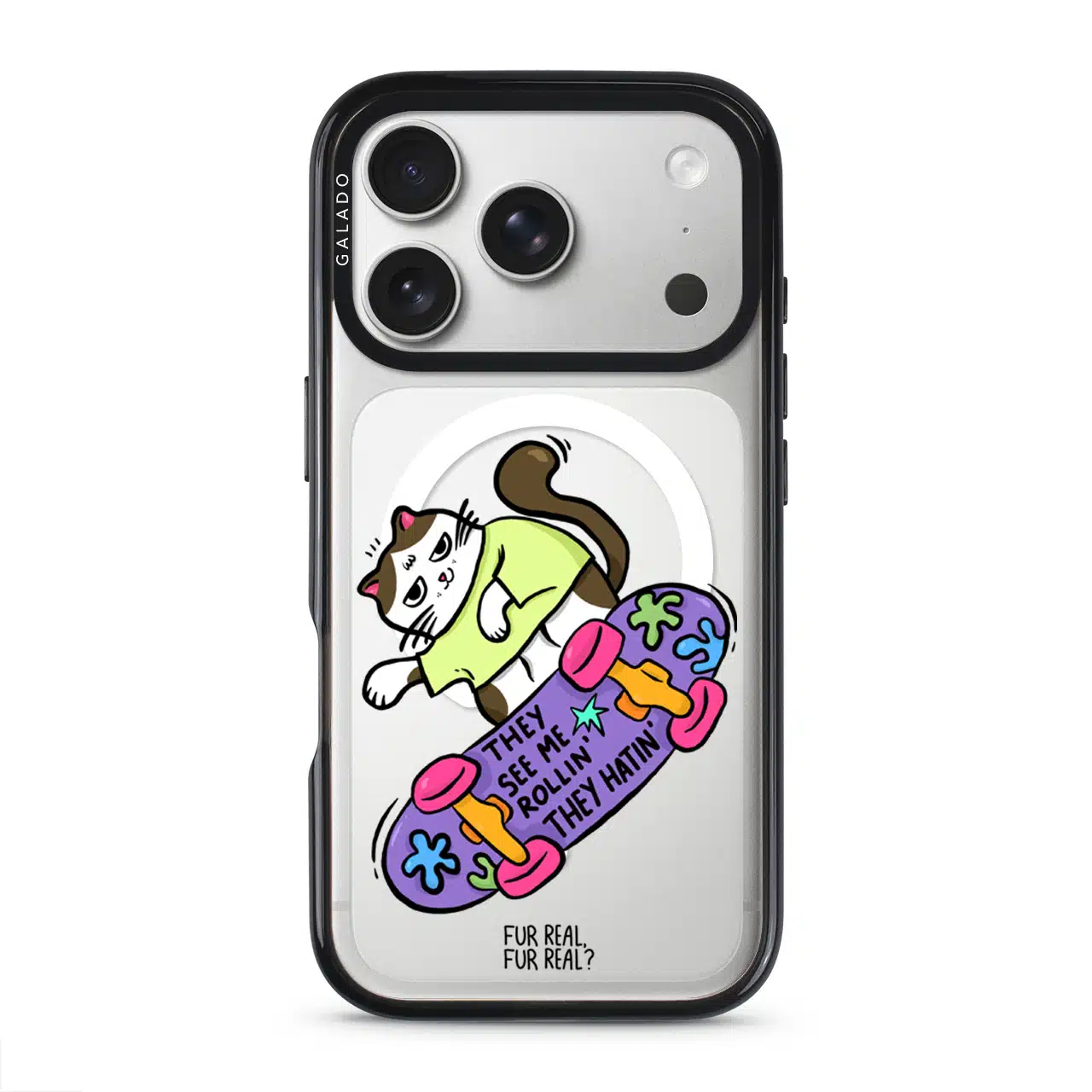 Skater Cat phone case — Silver iPhone 17 with black GALADO case | Fur Real, Fur Real? collab