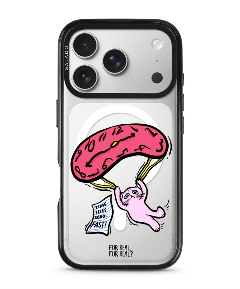 Time Flies phone case — Silver iPhone 17 with black GALADO case | Fur Real, Fur Real? collab