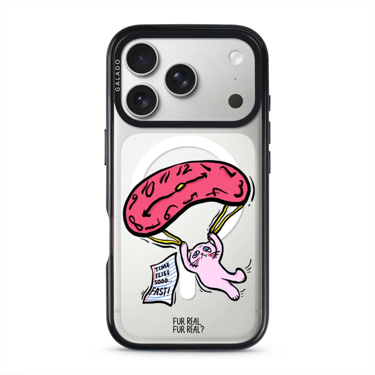 Time Flies phone case — Silver iPhone 17 with black GALADO case | Fur Real, Fur Real? collab