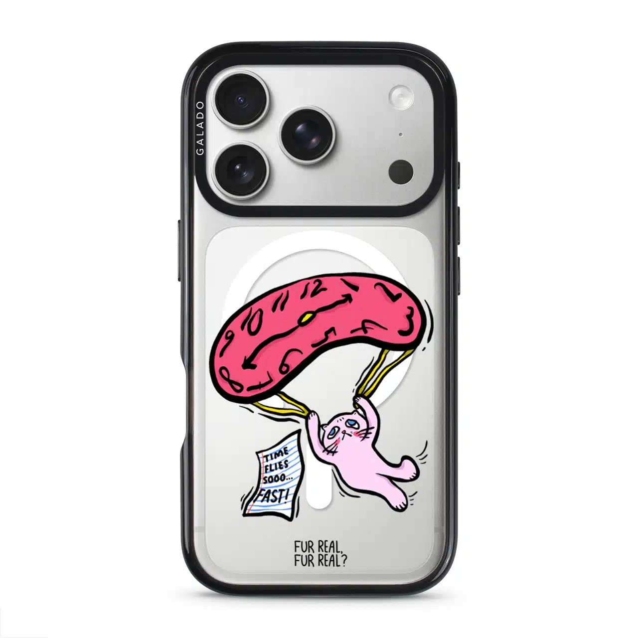 Time Flies phone case — Silver iPhone 17 with black GALADO case | Fur Real, Fur Real? collab