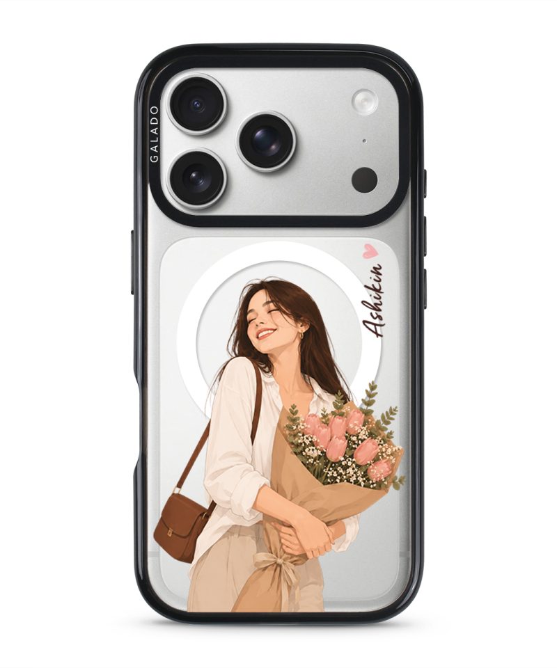 Self Bloom phone case — Silver iPhone 17 Pro with black GALADO case | The Independent Collection
