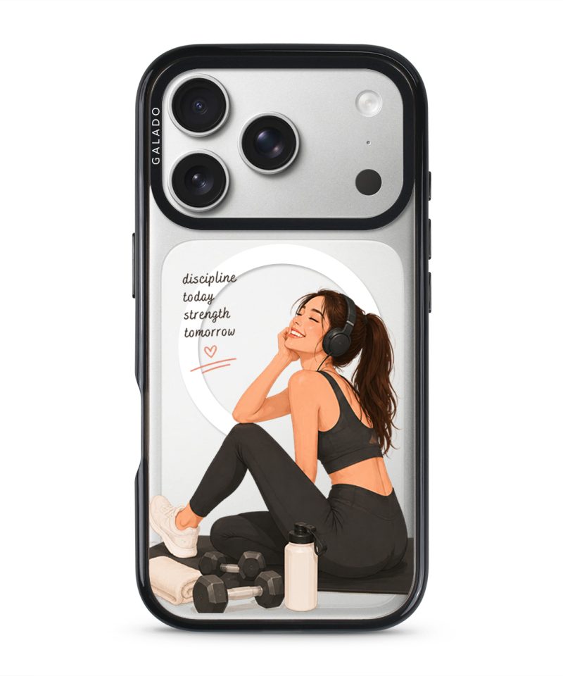 Strong Tomorrow phone case — Silver iPhone 17 Pro with black GALADO case | The Independent Collection