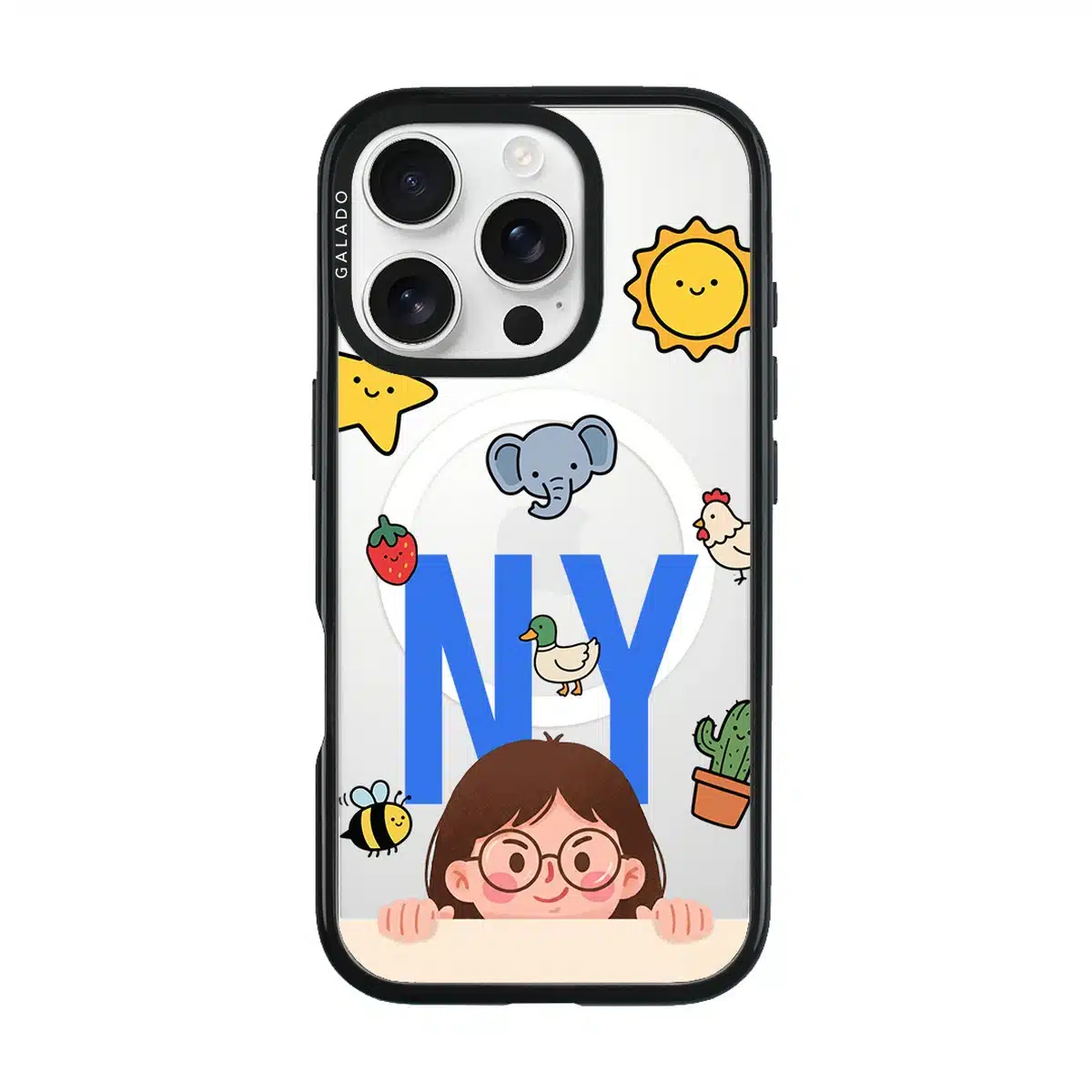 Design your own phone case: initials and cute animal doodle stickers on a clear GALADO case