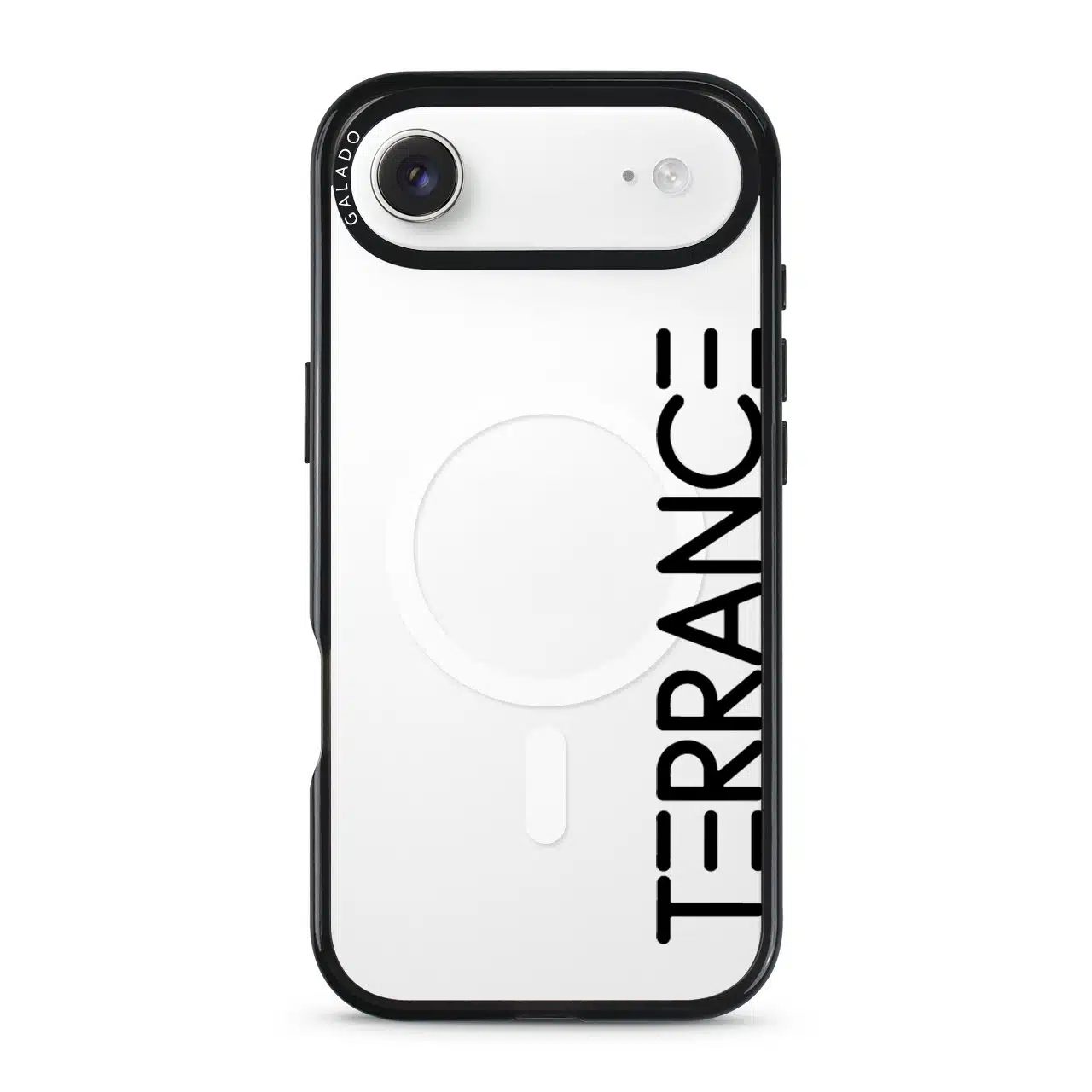 Align Custom Name phone case, personalised name set vertically in bold type on a clear case