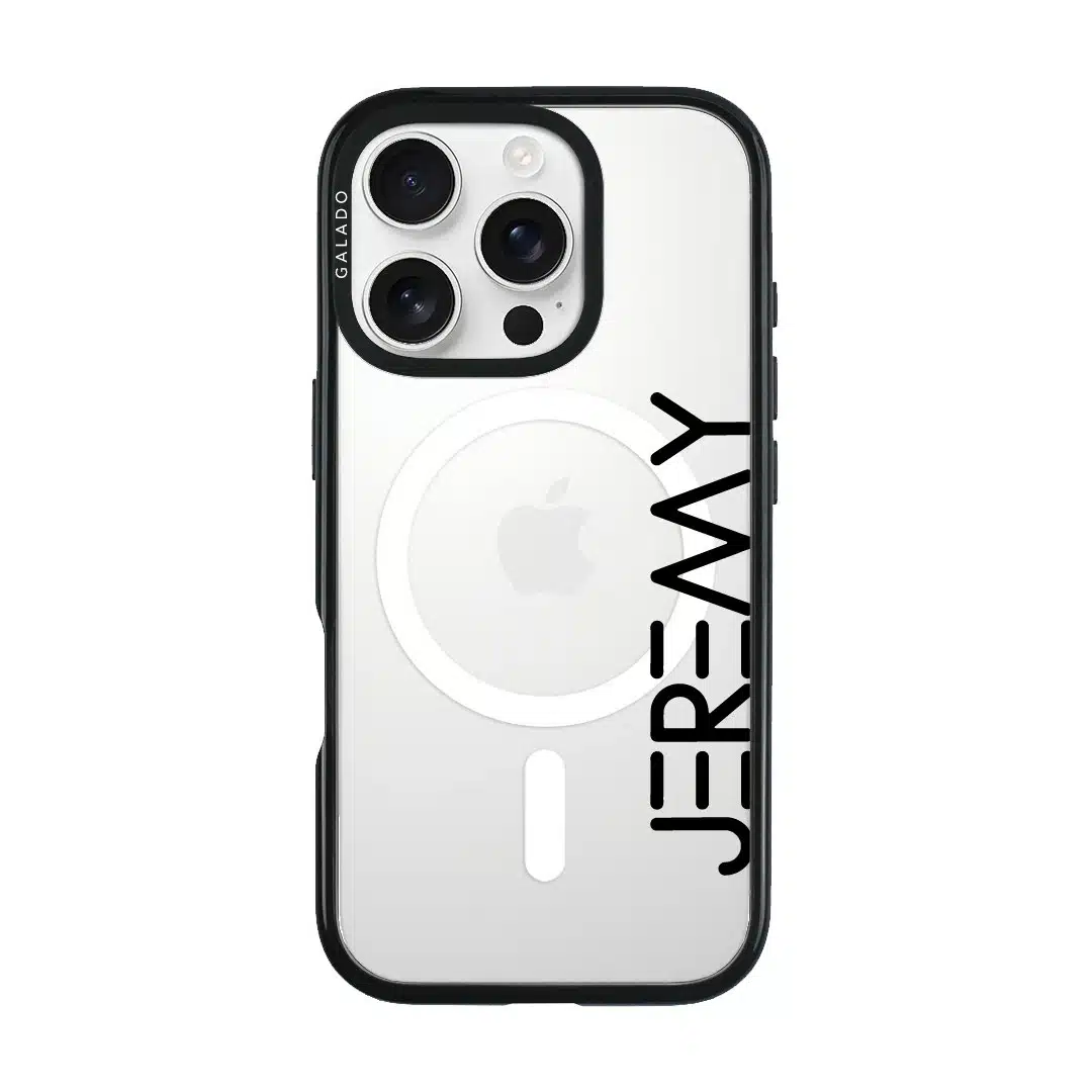 Align Custom Name phone case, personalised name set vertically in bold type on a clear case