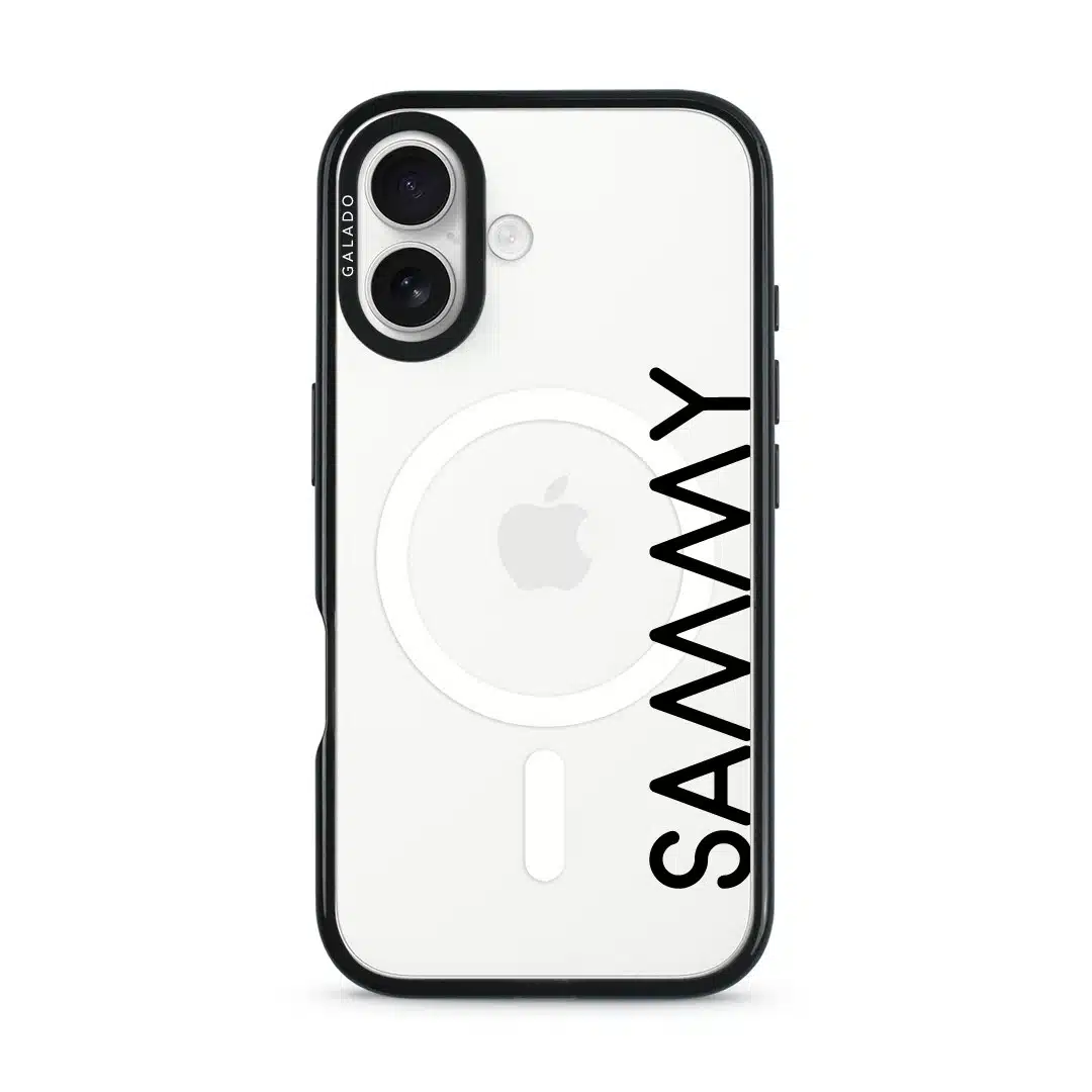 Align Custom Name phone case, personalised name set vertically in bold type on a clear case