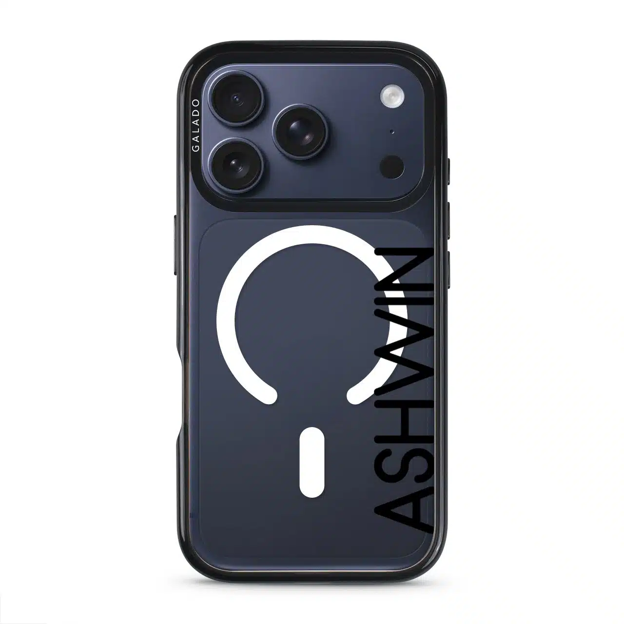 Align Custom Name phone case, personalised name set vertically in bold type on a clear case