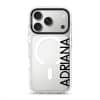 Align Custom Name phone case, personalised name set vertically in bold type on a clear case