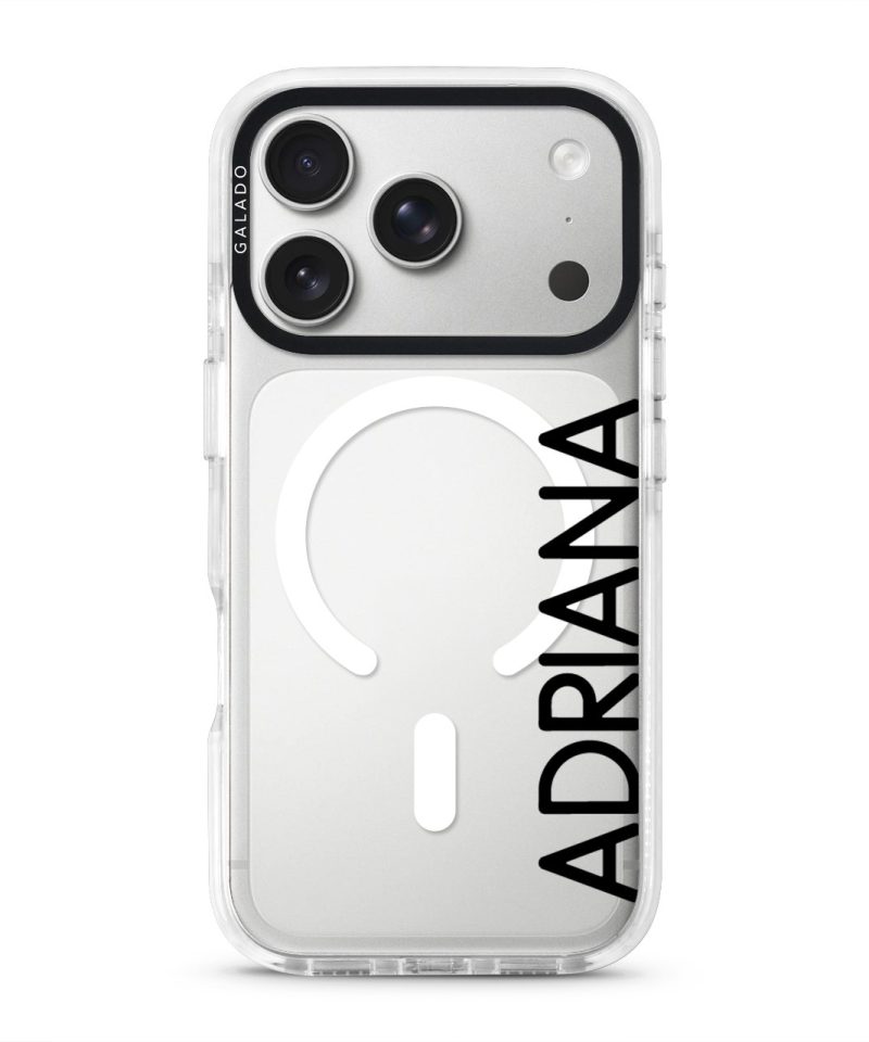 Align Custom Name phone case, personalised name set vertically in bold type on a clear case