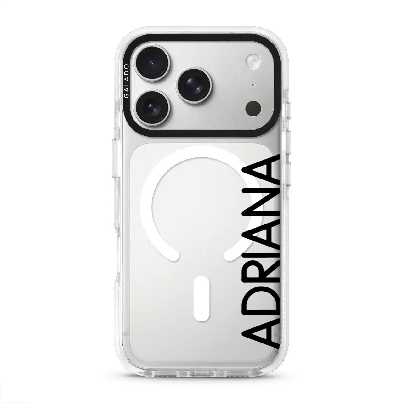 Align Custom Name phone case, personalised name set vertically in bold type on a clear case
