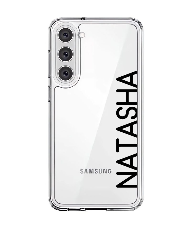 Align Custom Name phone case, personalised name set vertically in bold type on a clear case