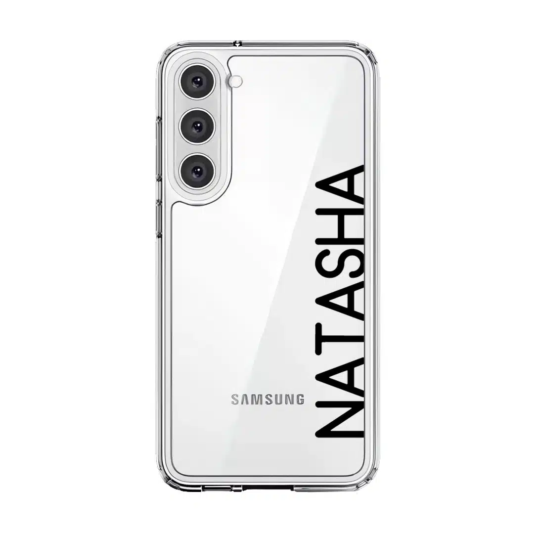 Align Custom Name phone case, personalised name set vertically in bold type on a clear case