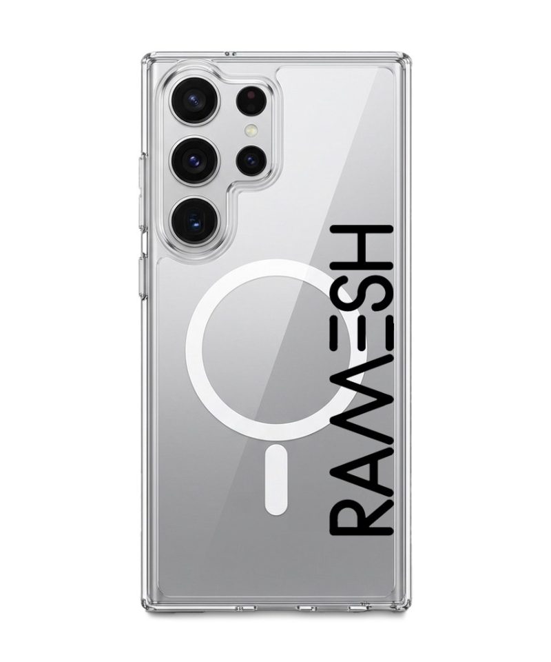 Align Custom Name phone case, personalised name set vertically in bold type on a clear case