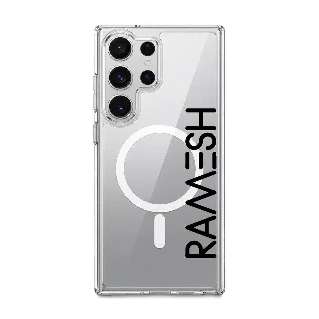 Align Custom Name phone case, personalised name set vertically in bold type on a clear case