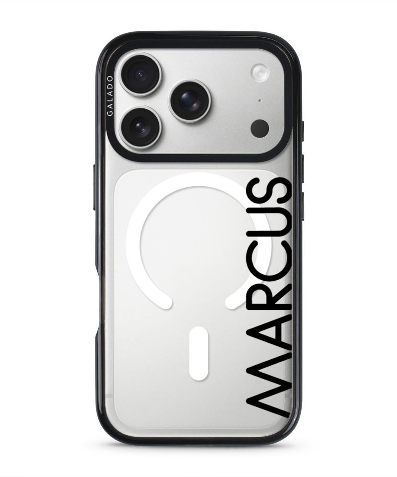 Align Custom Name phone case, personalised name set vertically in bold type on a clear case