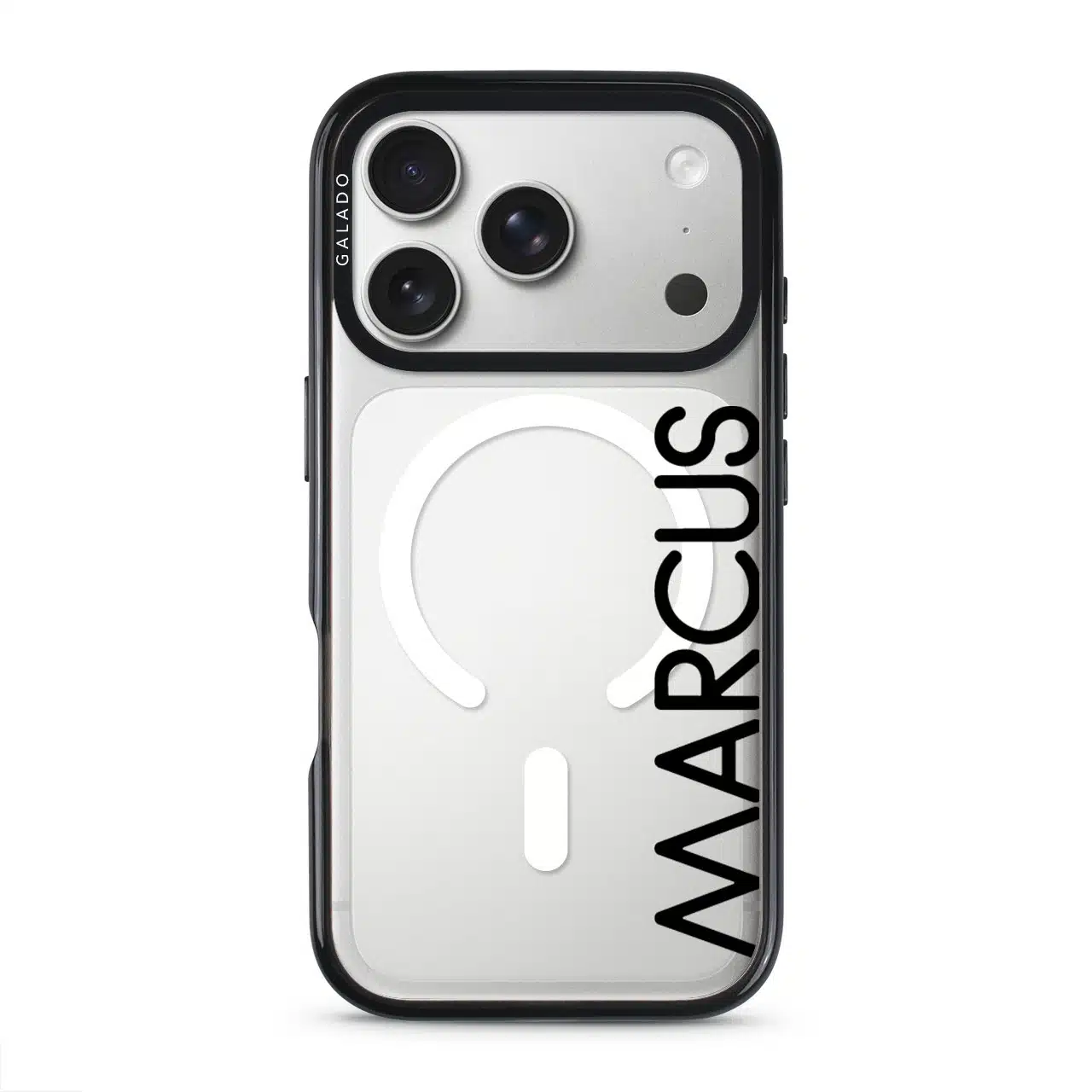 Align Custom Name phone case, personalised name set vertically in bold type on a clear case