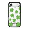 Clover Custom Name phone case, green four-leaf clovers on clear with a personalised script name