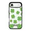 Clover Custom Name phone case, green four-leaf clovers on clear with a personalised script name