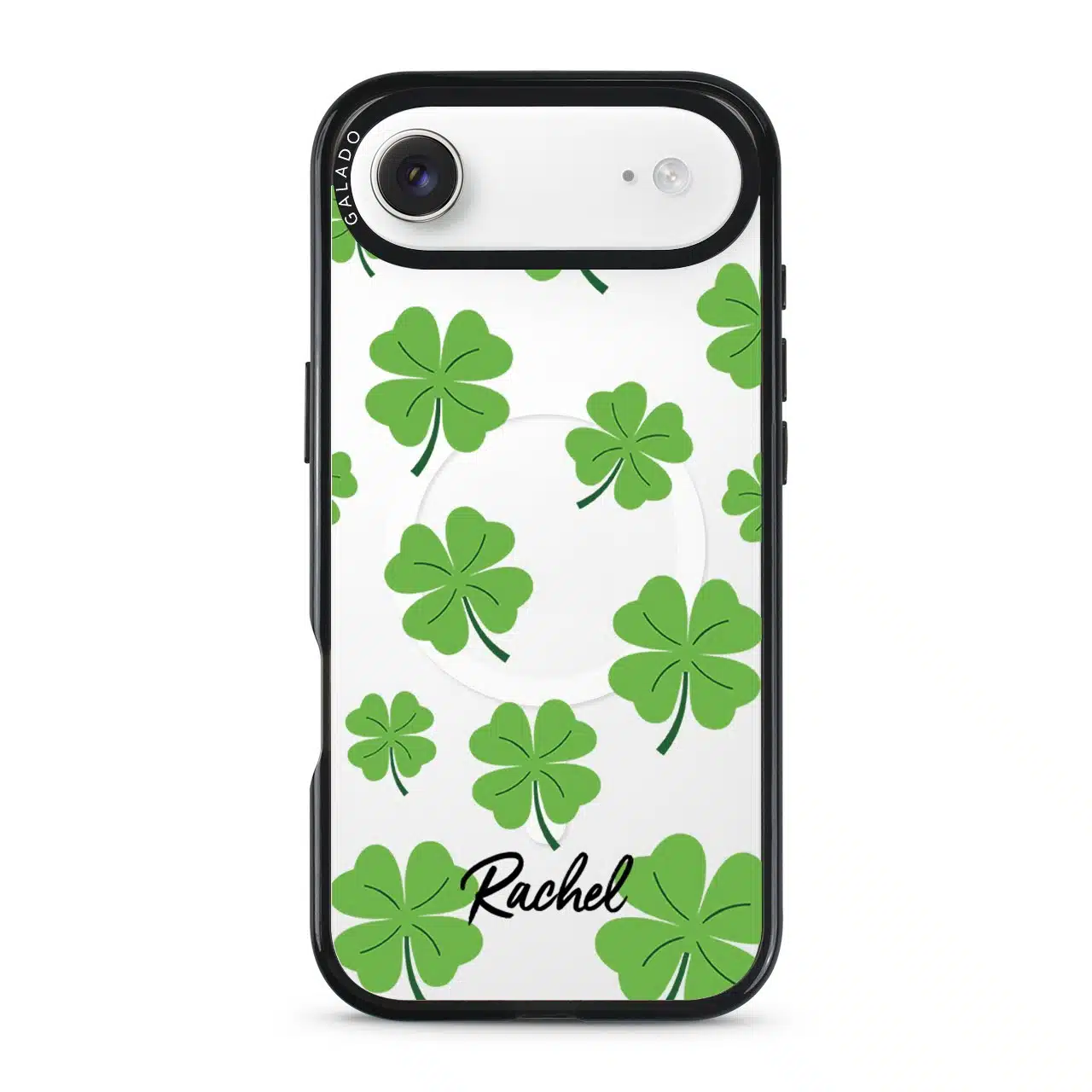 Clover Custom Name phone case, green four-leaf clovers on clear with a personalised script name