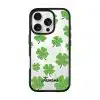 Clover Custom Name phone case, green four-leaf clovers on clear with a personalised script name