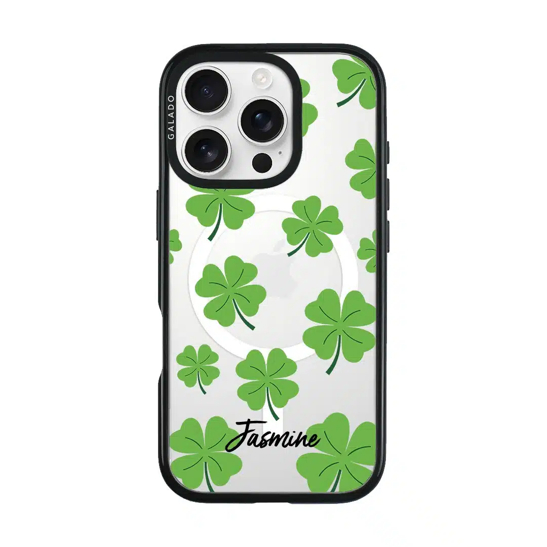 Clover Custom Name phone case, green four-leaf clovers on clear with a personalised script name