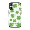 Clover Custom Name phone case, green four-leaf clovers on clear with a personalised script name
