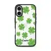 Clover Custom Name phone case, green four-leaf clovers on clear with a personalised script name