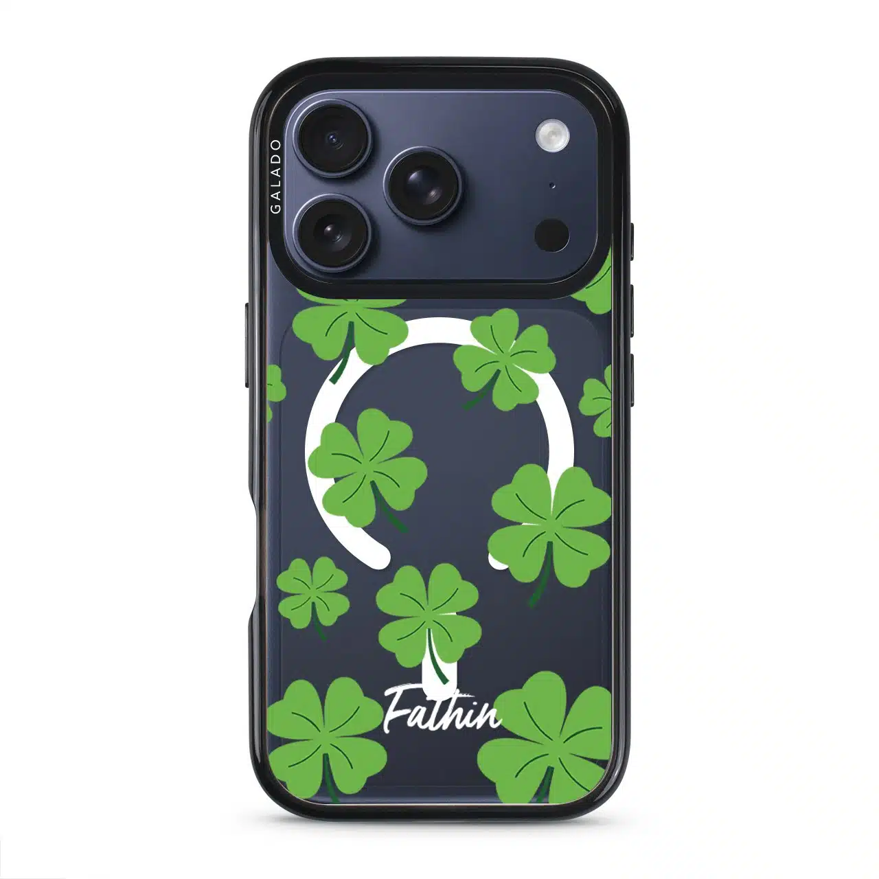 Clover Custom Name phone case, green four-leaf clovers on clear with a personalised script name