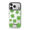 Clover Custom Name phone case, green four-leaf clovers on clear with a personalised script name
