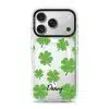 Clover Custom Name phone case, green four-leaf clovers on clear with a personalised script name