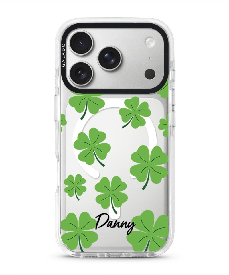 Clover Custom Name phone case, green four-leaf clovers on clear with a personalised script name