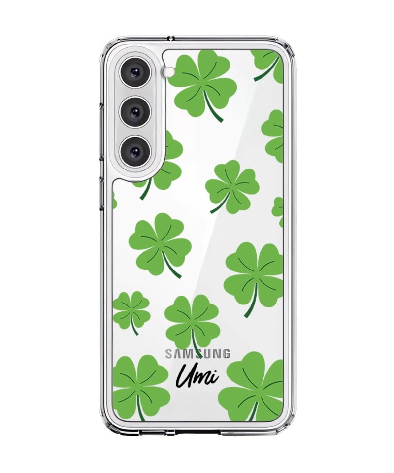 Clover Custom Name phone case, green four-leaf clovers on clear with a personalised script name