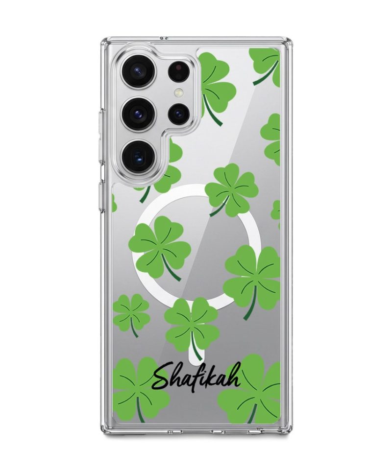 Clover Custom Name phone case, green four-leaf clovers on clear with a personalised script name