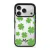 Clover Custom Name phone case, green four-leaf clovers on clear with a personalised script name