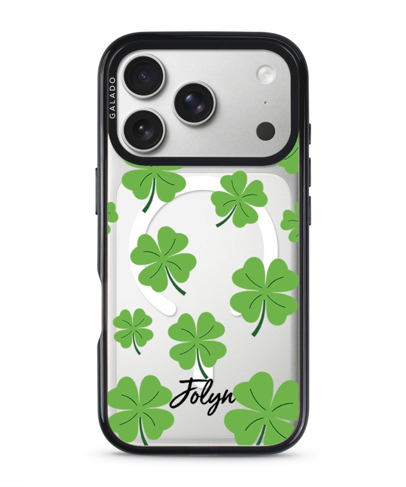 Clover Custom Name phone case, green four-leaf clovers on clear with a personalised script name