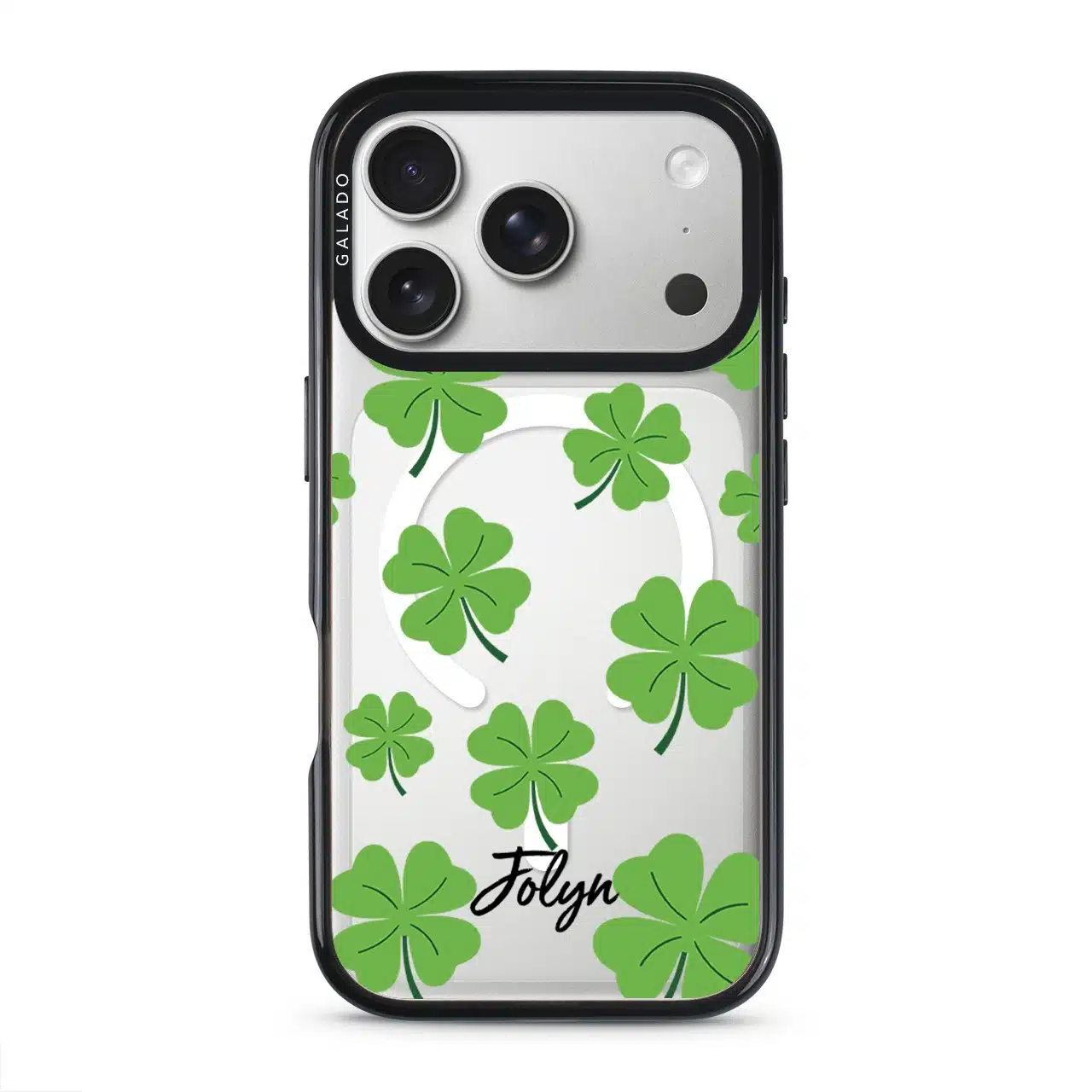 Clover Custom Name phone case, green four-leaf clovers on clear with a personalised script name