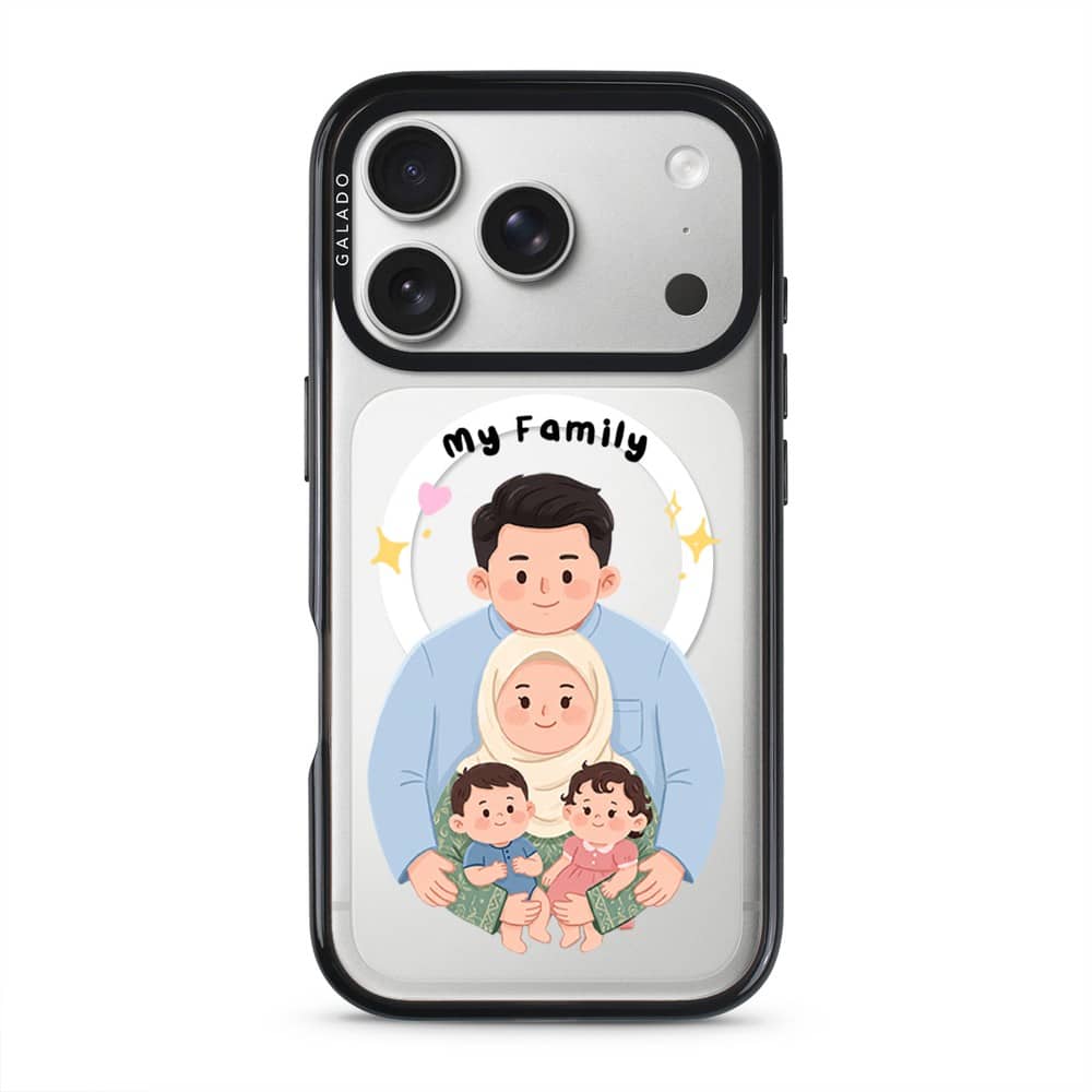 The same family drawn as a cartoon portrait on a GALADO ProGuard phone case
