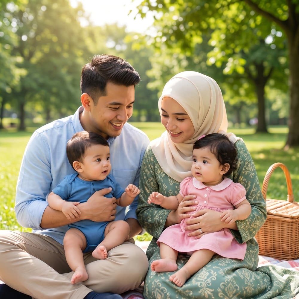Malaysian family sitting together in a park, the reference photo sent to GALADO