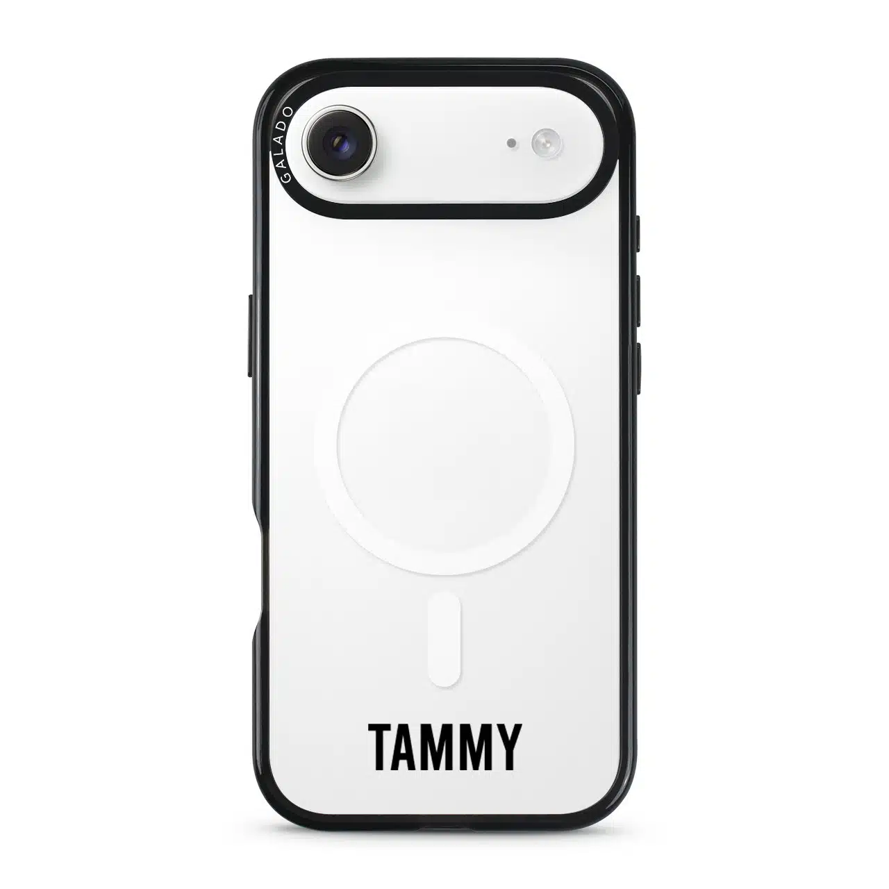 Grande Custom Name phone case, personalised name in bold condensed type on a clear case