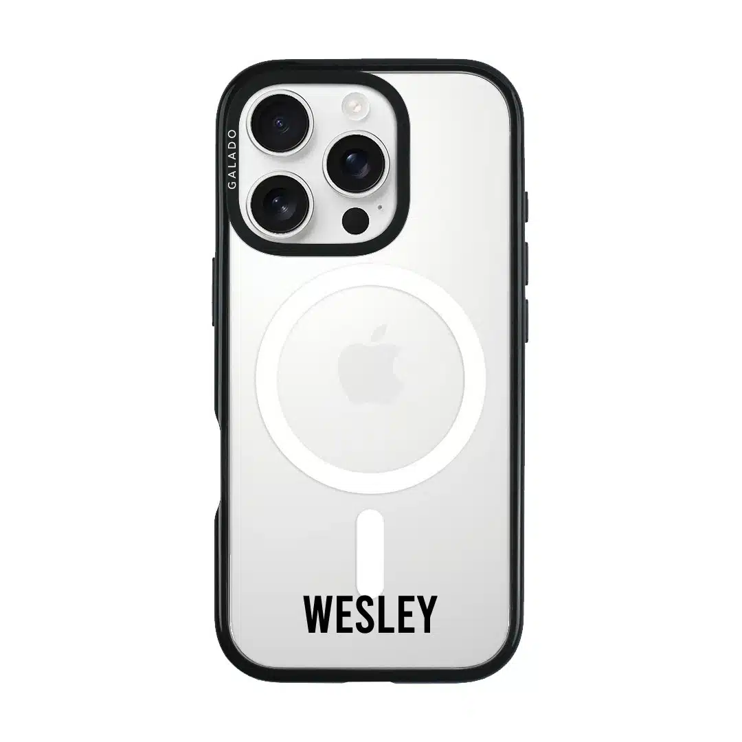 Grande Custom Name phone case, personalised name in bold condensed type on a clear case